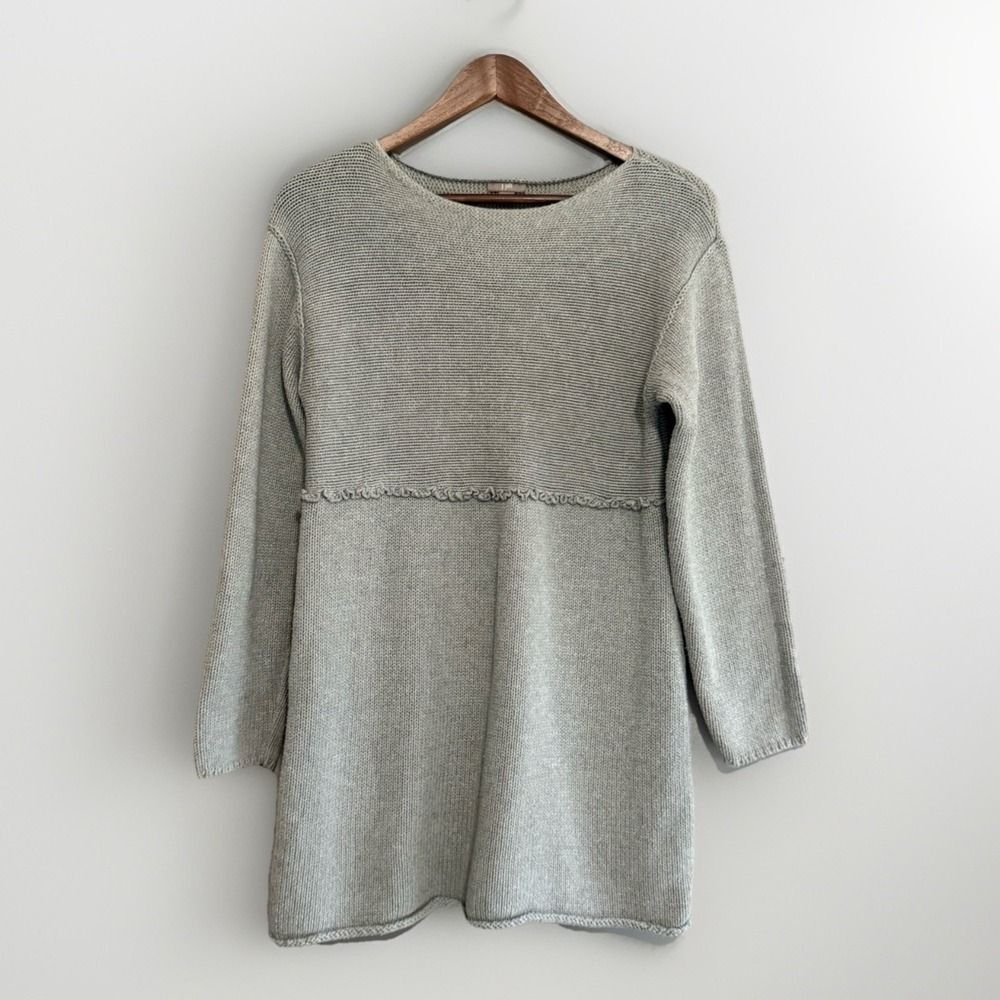 J Jill Knit Sweater Tunic Dress Gray Ruffle Thick Cotton Classic Cottage Medium